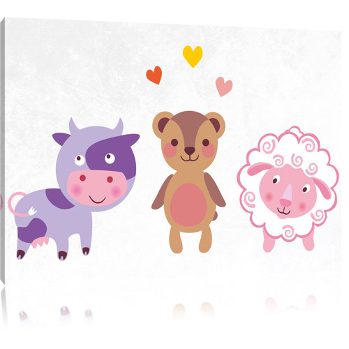 East Urban Home Leinwandbild Kuh Teddy und Schaf in Lila/Rosa/Beige